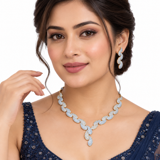 Two Tone Leaf Motif Gold Necklace Set With Earrings