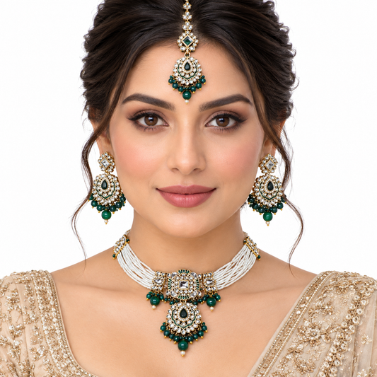 Green Bead Pearl Kundan Necklace Set with Maang Tikka