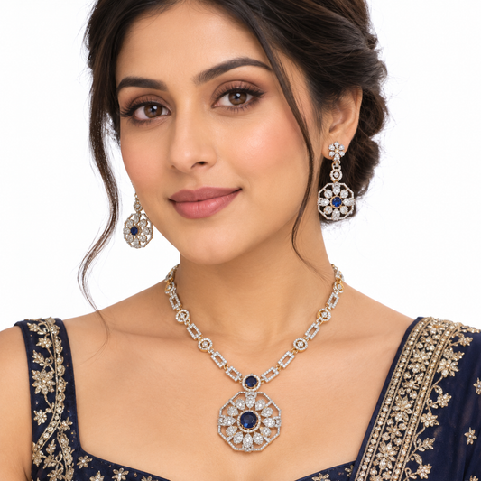 Blue Stone Floral Necklace Set with Crystal Earrings