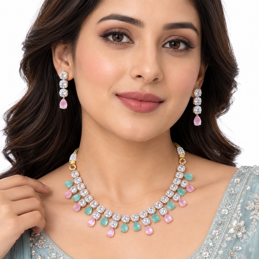 Aqua Pink Crystal Drops Necklace Set With Earrings