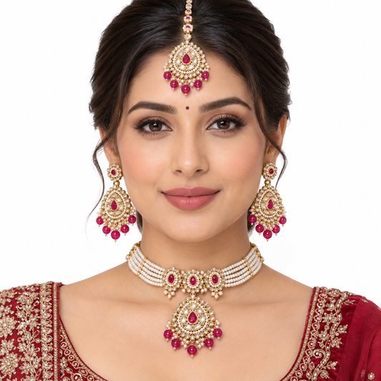 Ruby Pearl Kundan Necklace Set With Matching Tikka