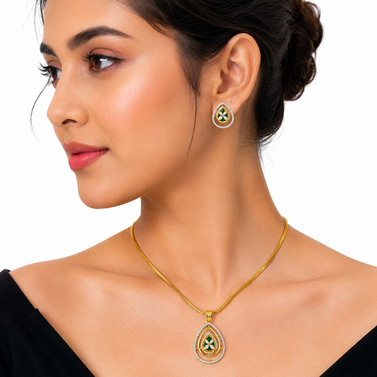 Gold Green Teardrop Pendant Set