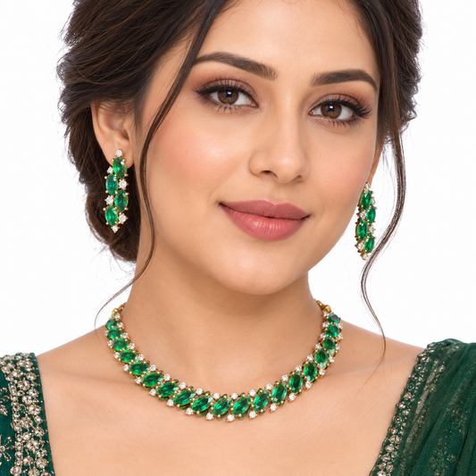 Emerald Green Crystal Necklace Set With Gold Accents