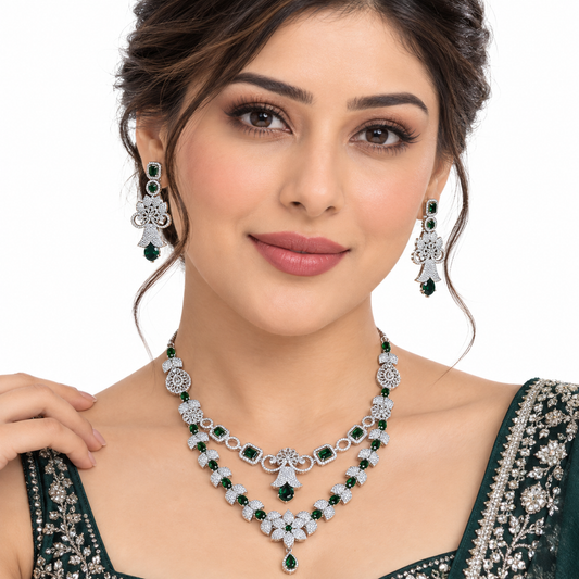 Emerald Green Crystal Layered Necklace Set With Earrings