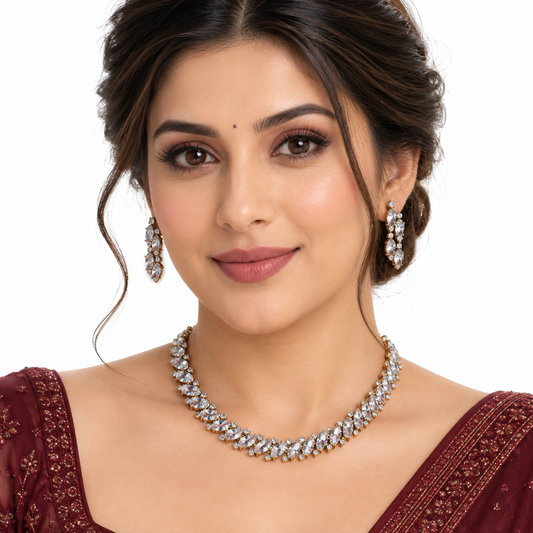 Silver Crystal Leaf Necklace Set with Matching Earrings