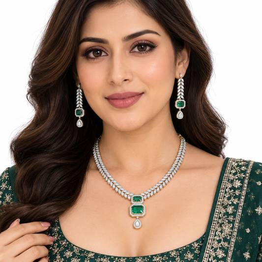 Emerald Green Leaf Necklace Set with Crystal Earrings