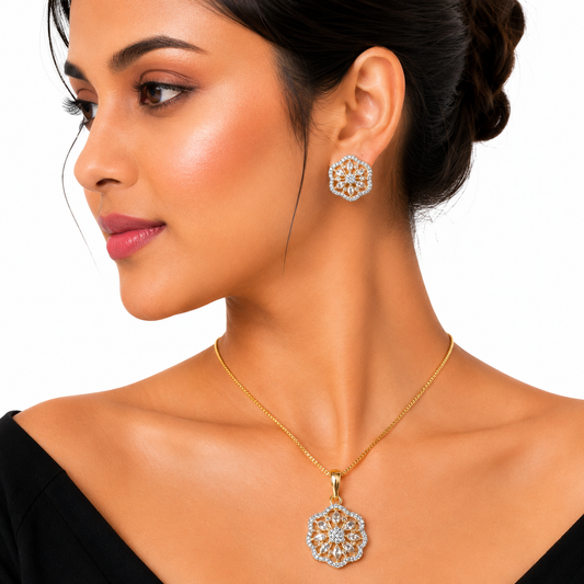 Gold Floral Medallion Crystal Necklace Set for Women