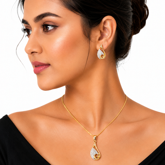 Gold Teardrop Crystal Pendant Necklace Set