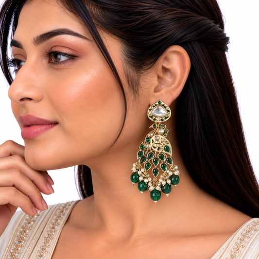 Gold Green Stone Pearl Drop Earrings