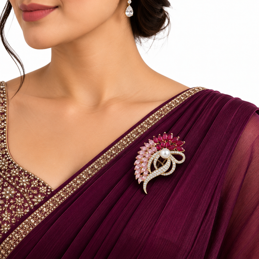 Elegant Pink Crystal Peacock Pearl Brooch