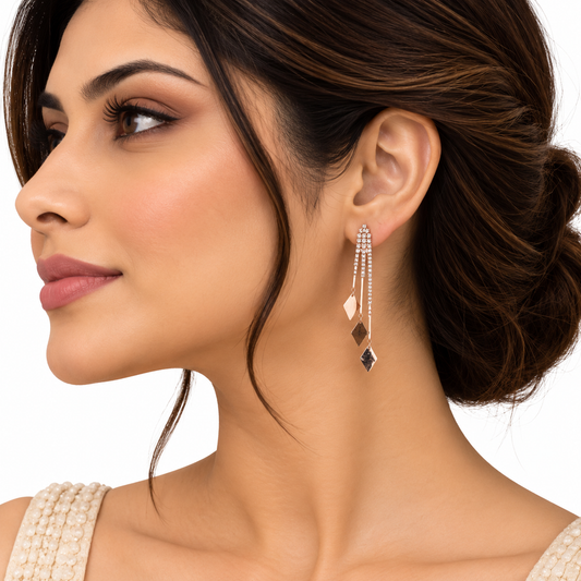Rose Gold Crystal Long Drop Earrings for Women