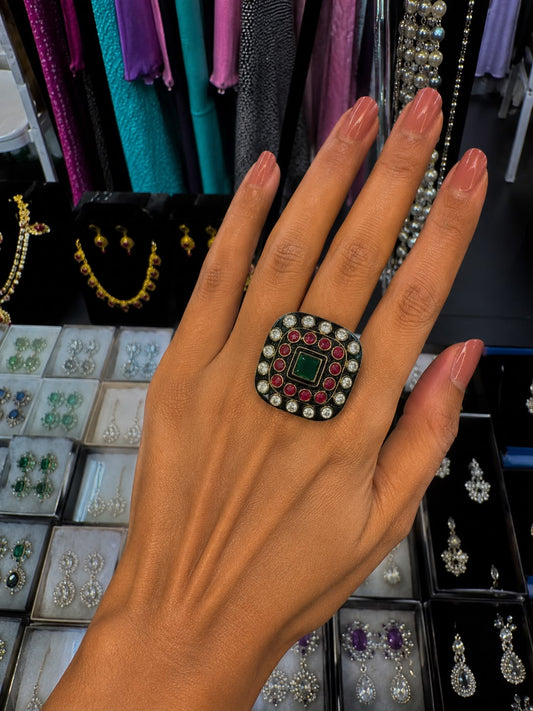 Antique Gold-Tone Green & Ruby Kundan Rings