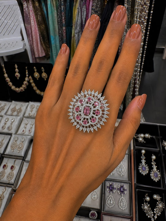 Silver Tone Pink Stone Crystal Statement Ring