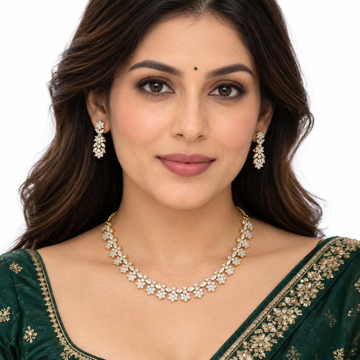 Gold Floral Crystal Necklace Set with Matching Earrings