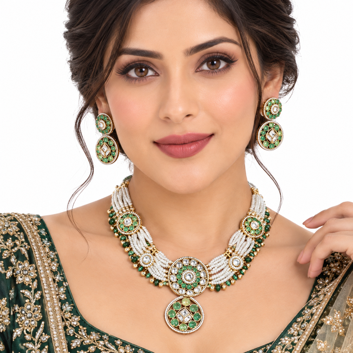 Green Pearl Kundan Necklace Set With Gold Bead Detail