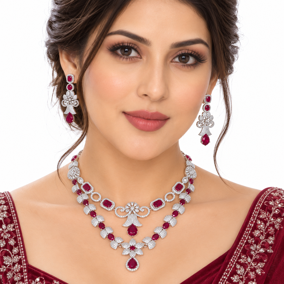 Ruby Red Crystal Necklace Set with Floral Earrings