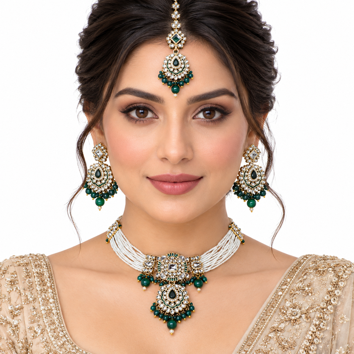 Green Bead Pearl Kundan Necklace Set with Maang Tikka
