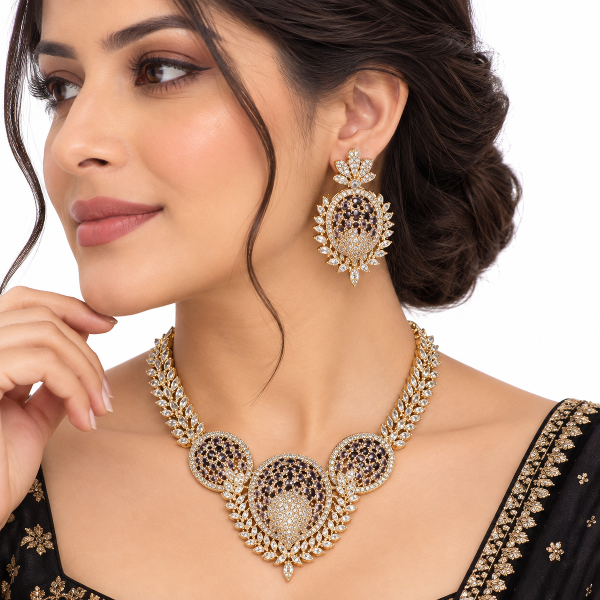 Black Stone Leaf Necklace Set with Floral Earrings