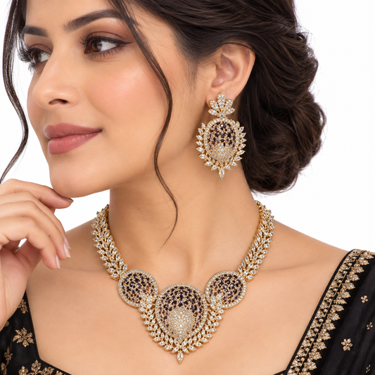 Black Stone Leaf Necklace Set with Floral Earrings