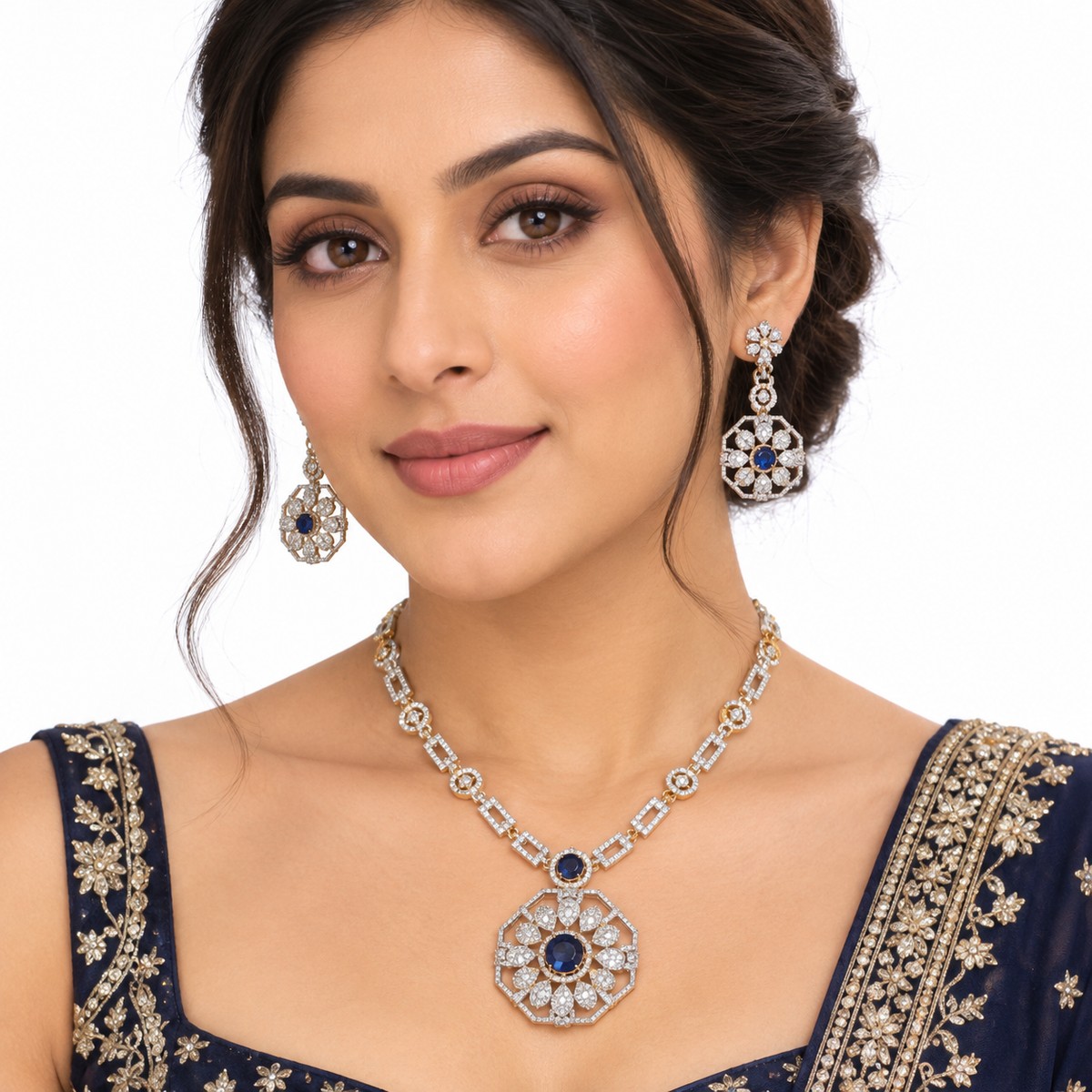 Blue Stone Floral Necklace Set with Crystal Earrings
