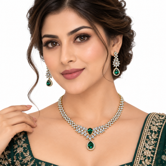Emerald Floral Necklace Set with Crystal Drop Earrings