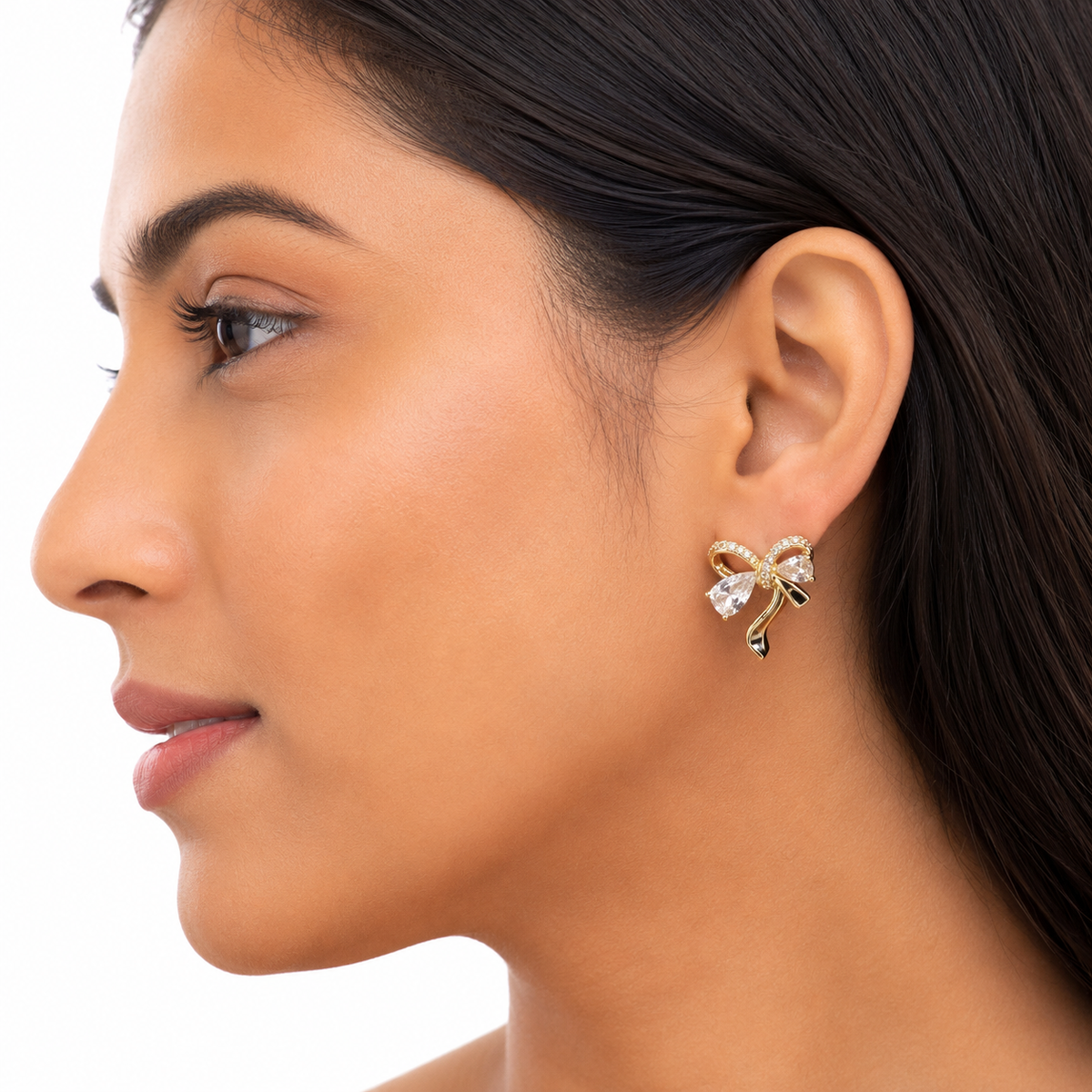 Gold Bow Stud Earrings with Crystal Accents