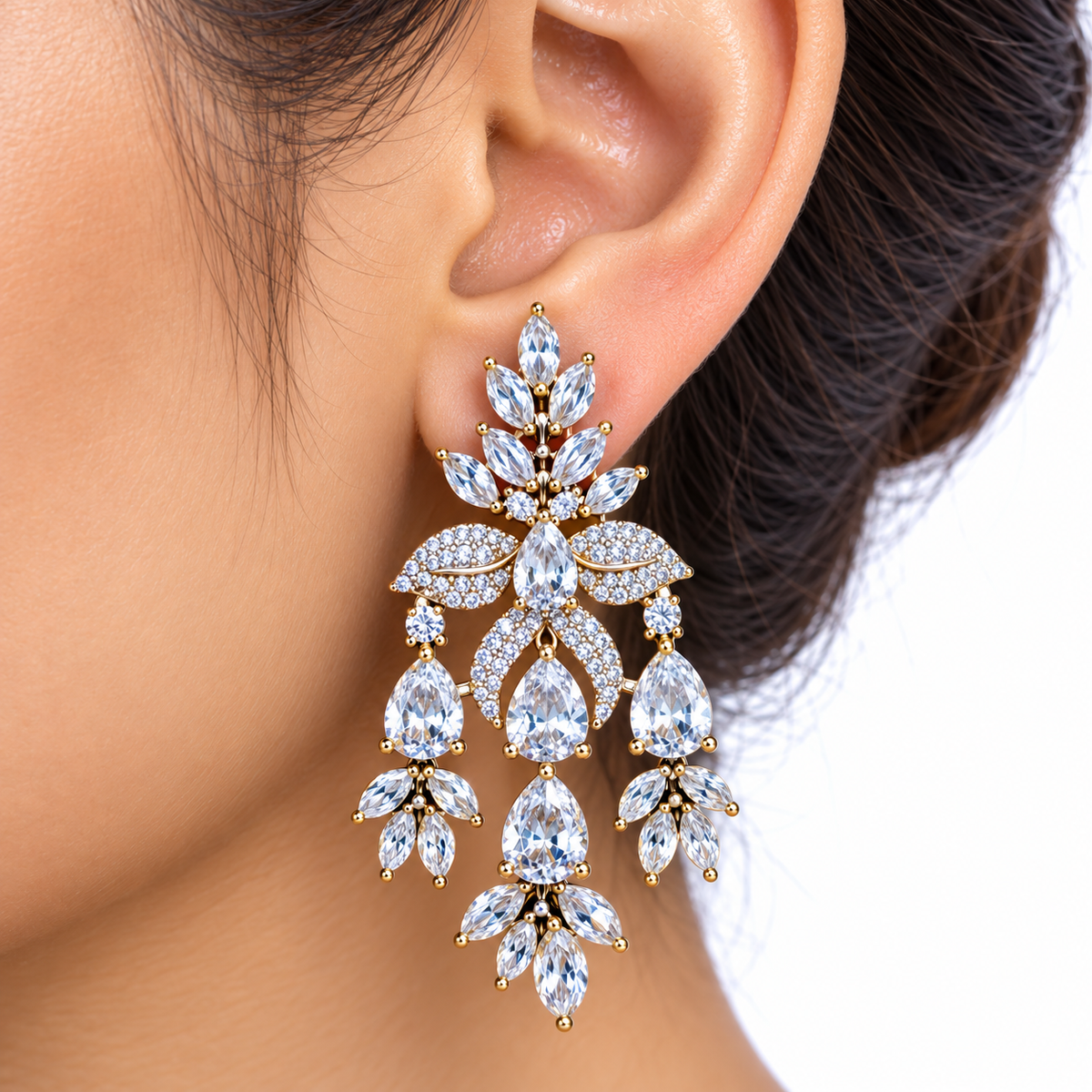 Crystal Floral Gold Necklace Set With Drop Earrings