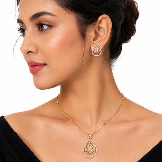 Gold Pink Teardrop Crystal Pendant Set
