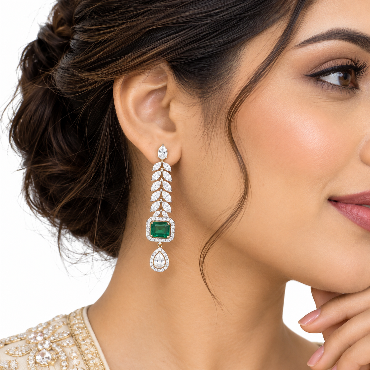 Emerald Green Leaf Necklace Set with Crystal Earrings