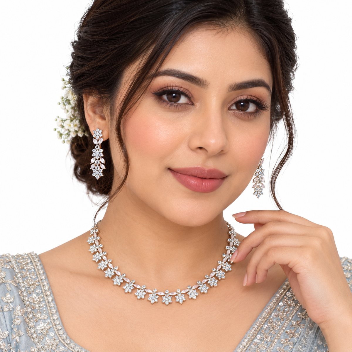 Silver Tone Floral Crystal Necklace Set with Earrings