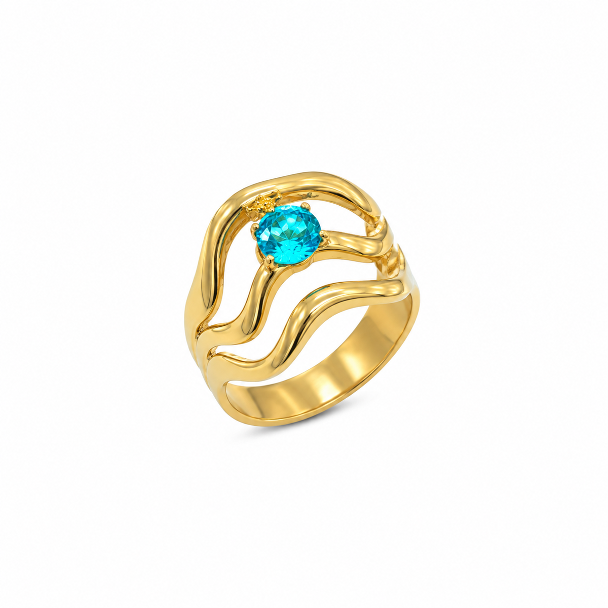 Anti Tarnish Gold Blue Stone Wave Design Ring