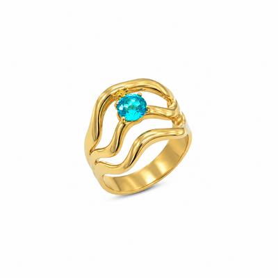 Anti Tarnish Gold Blue Stone Wave Design Ring