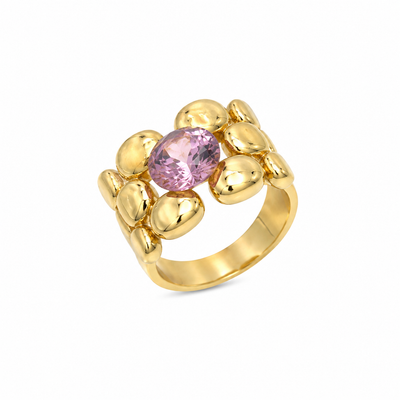 Anti Tarnish Gold Pink Stone Floral Statement Ring