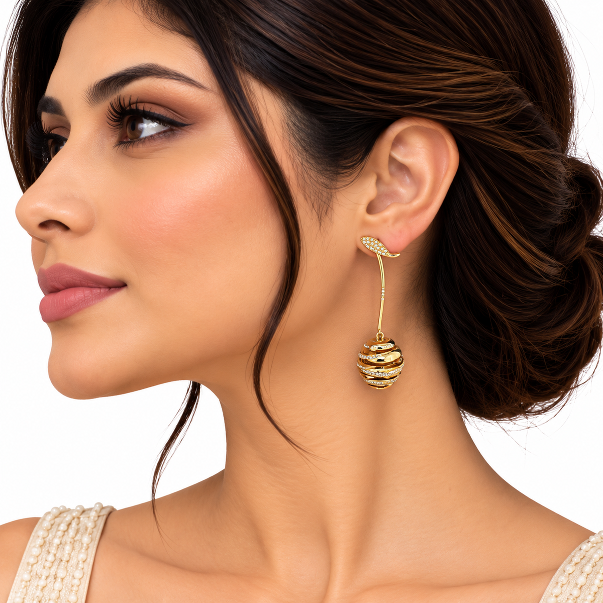 Elegant Gold Crystal Leaf Ball Drop Earrings Women