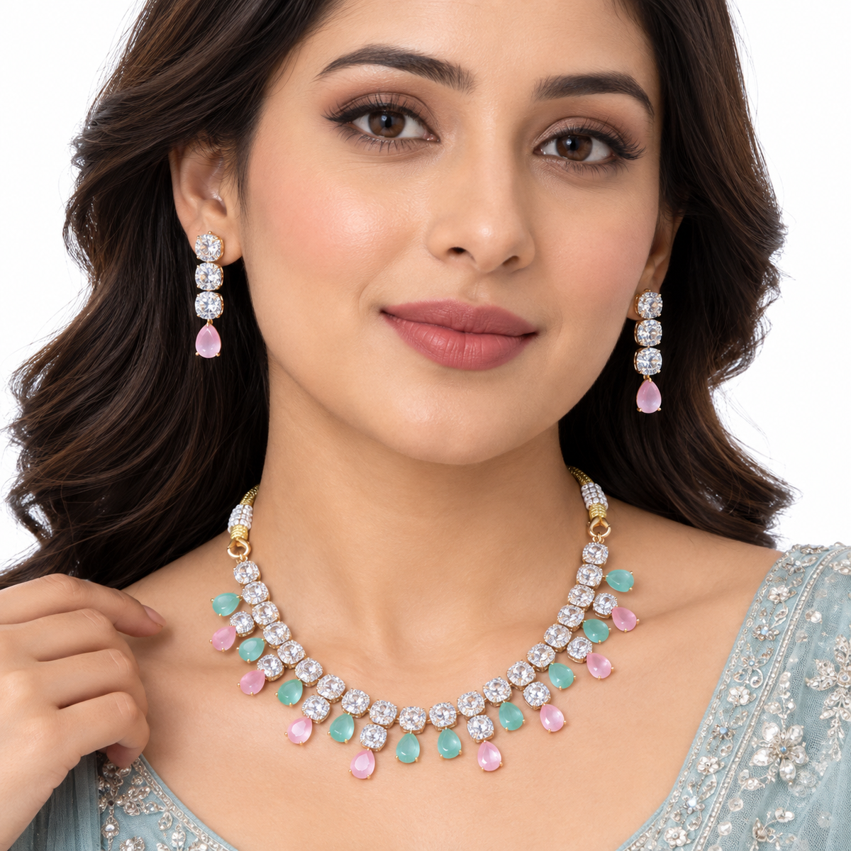 Aqua Pink Crystal Drops Necklace Set With Earrings