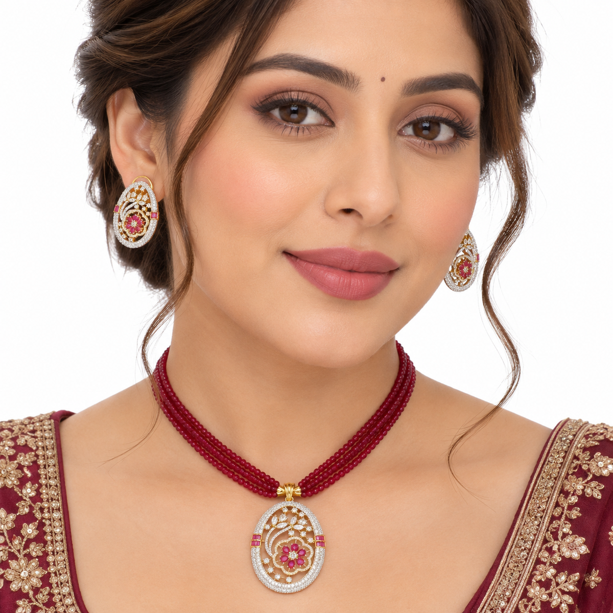 Ruby Floral Pendant Necklace Set With Matching Earrings
