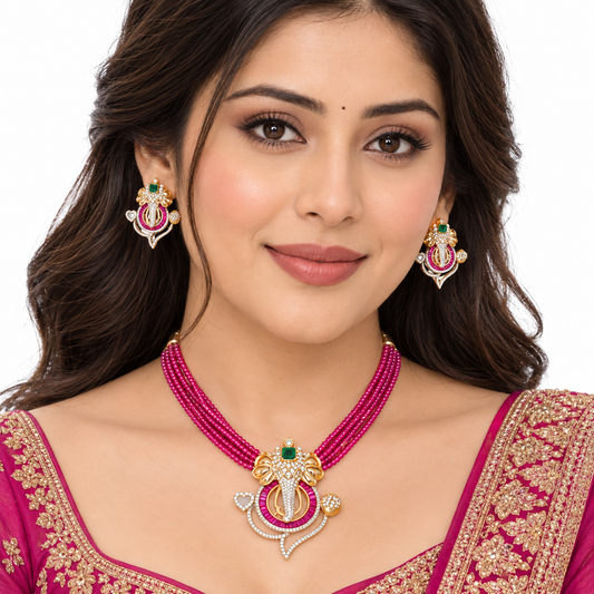 Pink Beaded Ganesha Necklace Set with Matching Earrings