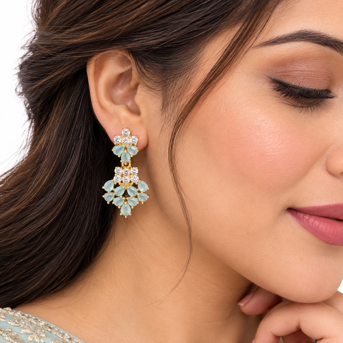 Mint Green Stone Gold Necklace Set With Floral Earrings