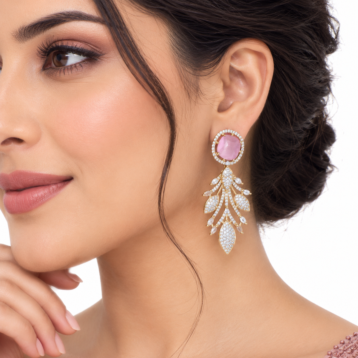 Pink Crystal Floral Necklace Set with Drop Earrings