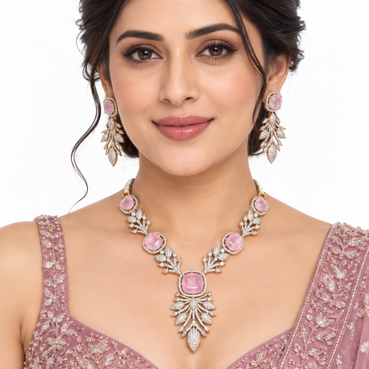Pink Crystal Floral Necklace Set with Drop Earrings
