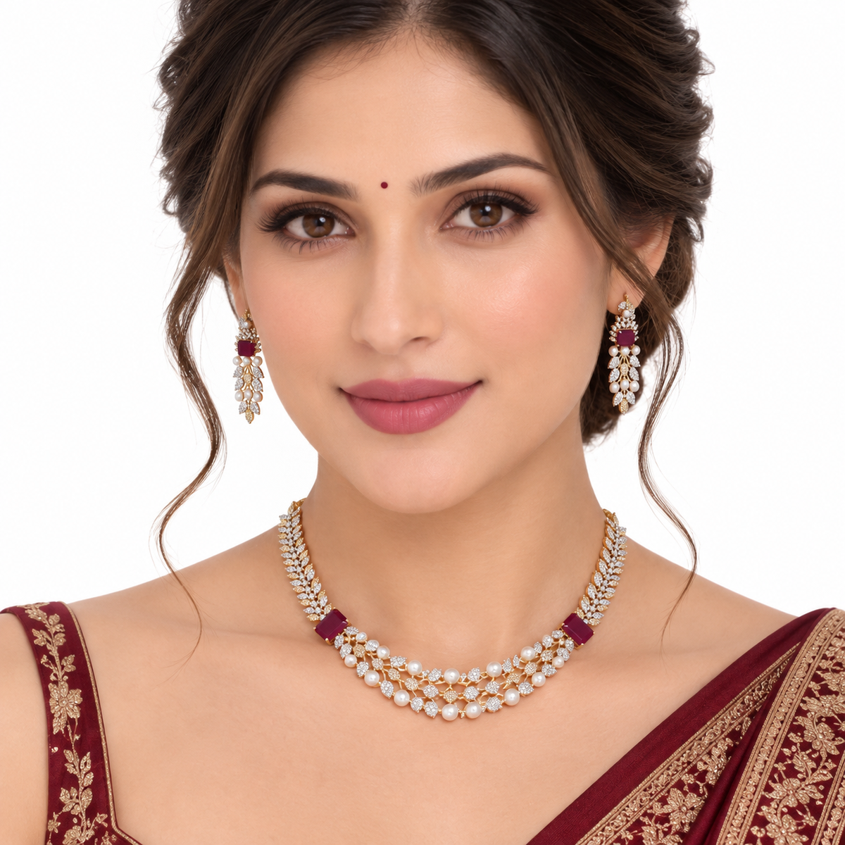 Pearl Ruby Gold Necklace Set With Leaf Design Earrings
