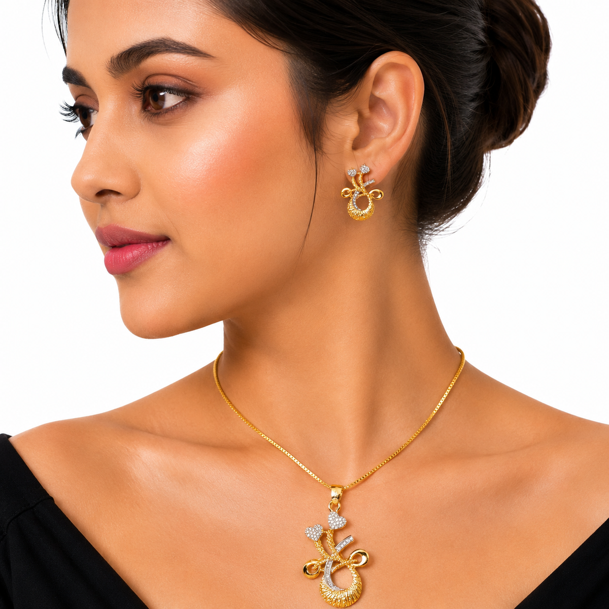 Gold Floral Loop Crystal Pendant Necklace Set