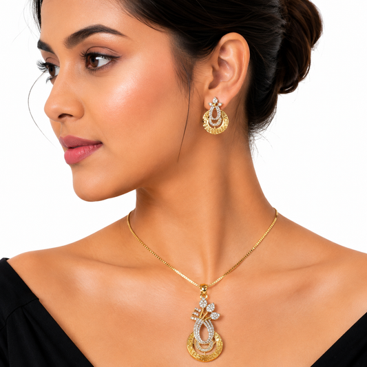 Gold Leaf Loop Crystal Pendant Necklace Set