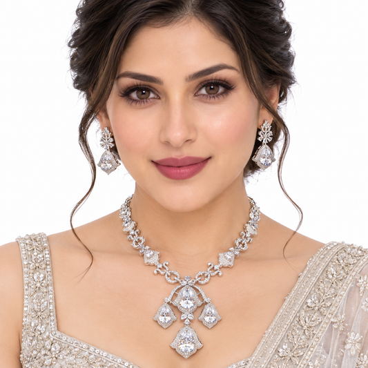 Crystal Silver Floral Necklace Set With Drop Earrings