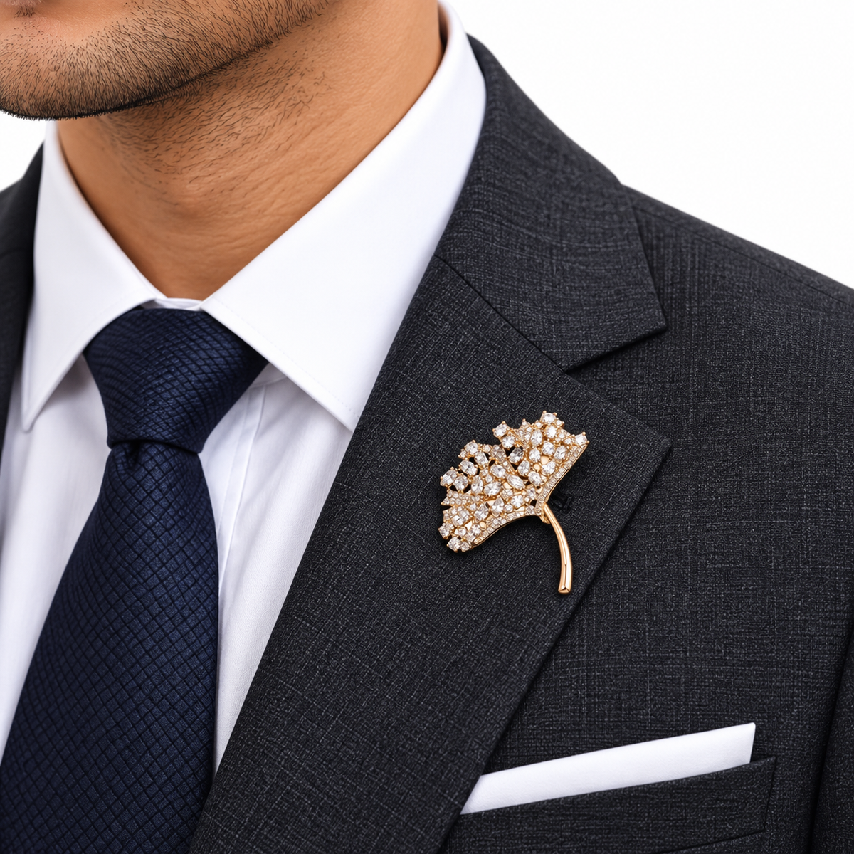 Elegant Gold Crystal Floral Leaf Brooch