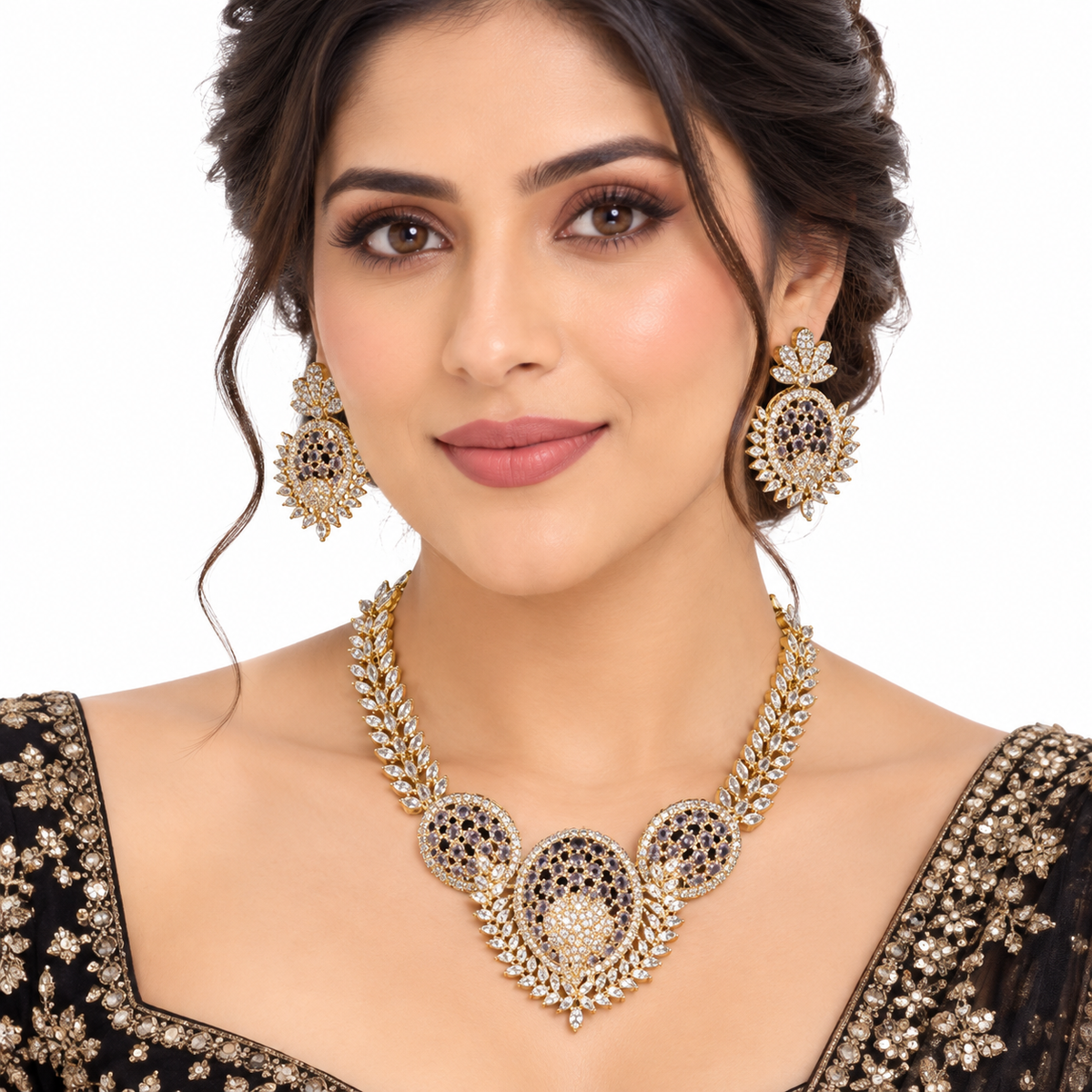 Black Stone Leaf Necklace Set with Floral Earrings