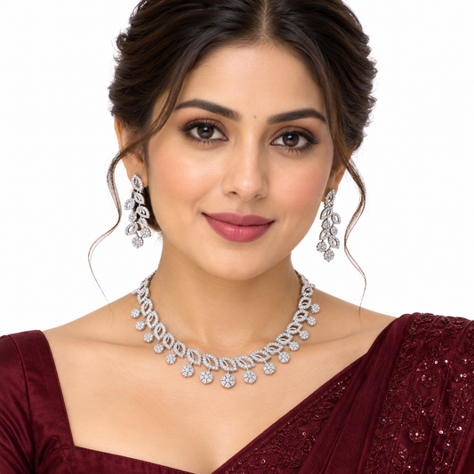 Silver Leaf Crystal Necklace Set with Floral Earrings