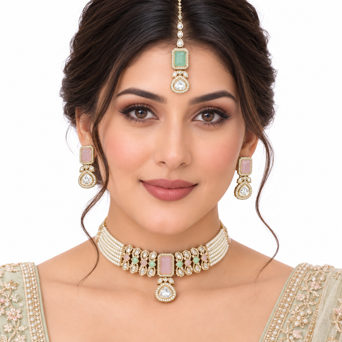 Pastel Kundan Pearl Choker Set With Statement Tikka