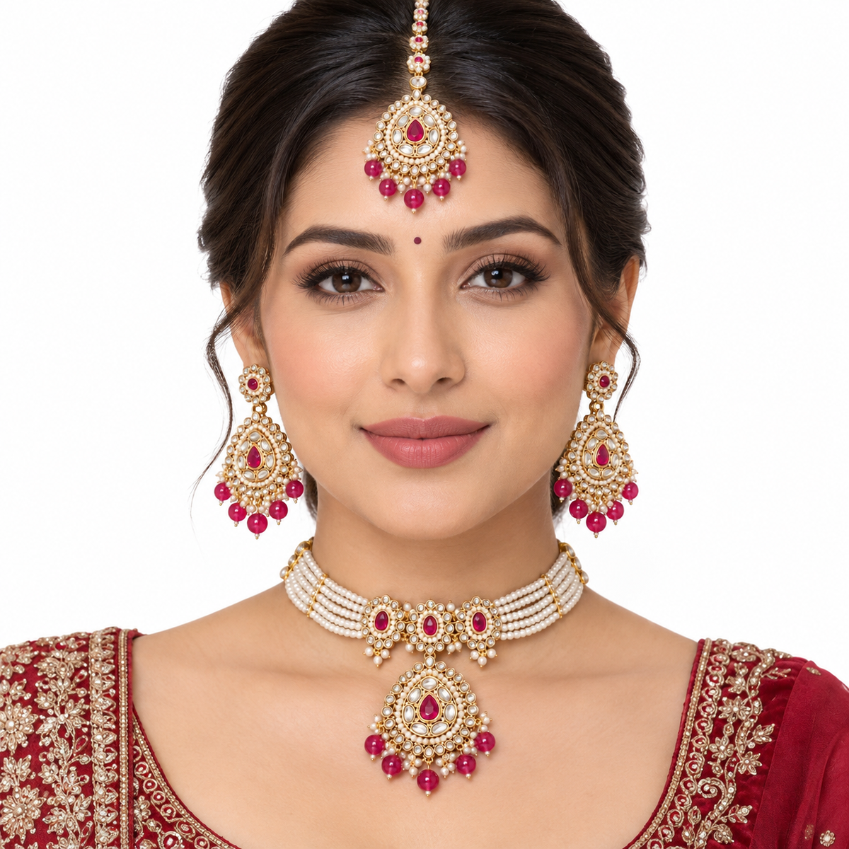 Ruby Pearl Kundan Necklace Set With Matching Tikka