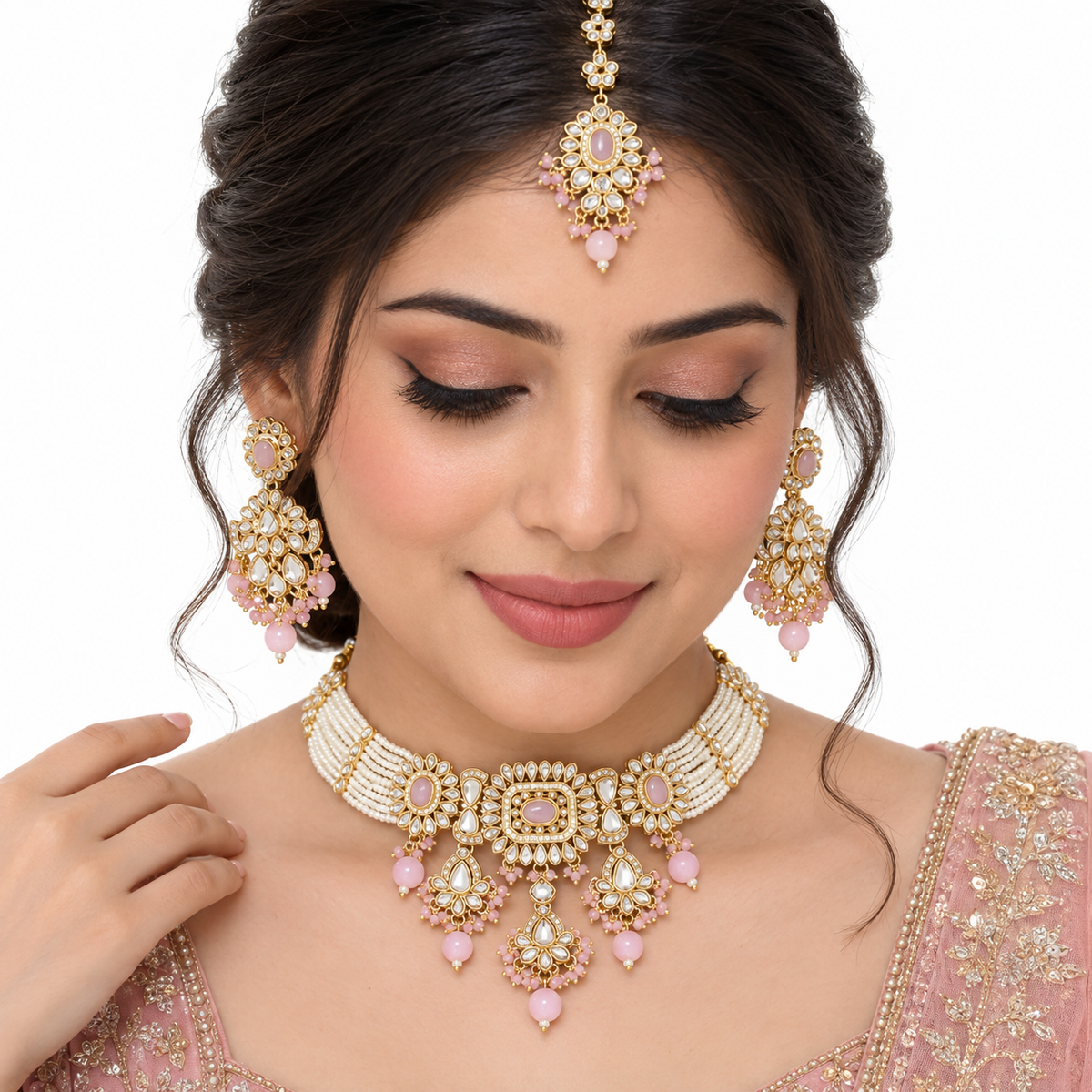 Pink Pearl Kundan Necklace Set With Elegant Tikka